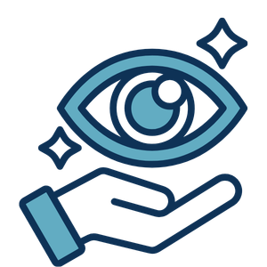Line art icon of a hand holding a sparkling human eye, symbolizing vision care and optometry services.