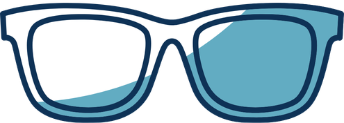 Minimalist flat vector icon of blue-rimmed eyeglasses on a white background.