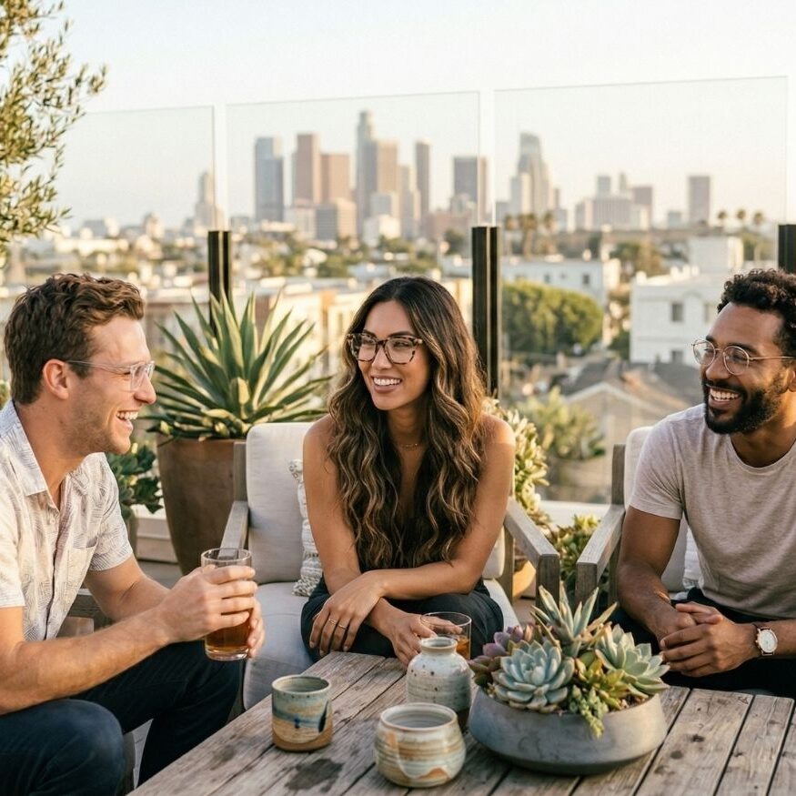 A diverse group of young professionals laughing and talking at a rooftop gathering with the Los Angeles city skyline in the background.