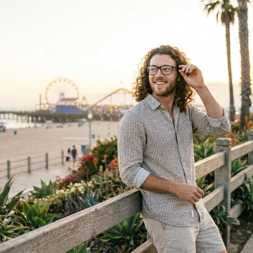 A stylish young man wearing glasses and a linen shirt leaning against a wooden railing at a beach boardwalk with a pier in the distance.