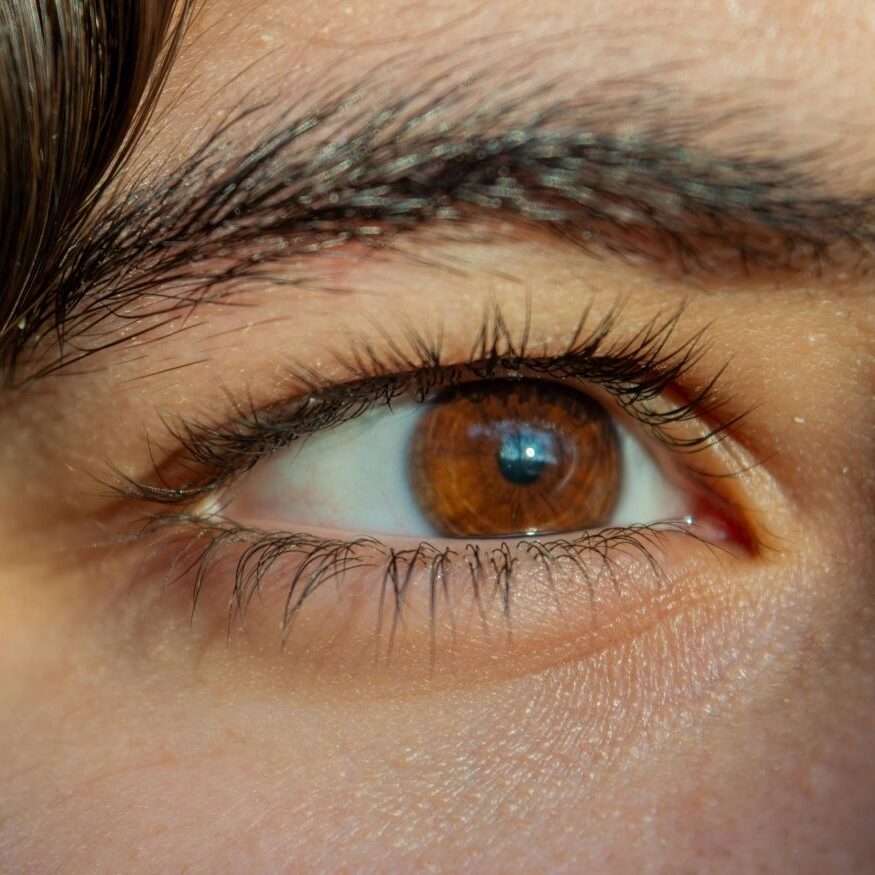 An ultra-detailed macro stock photo of a healthy human eye with a brown iris, highlighting clear sclera and natural eyelashes in soft, professional lighting.