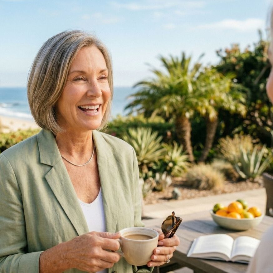 Lifestyle photography of a smiling senior woman enjoying a cup of coffee on a sunny outdoor patio with lush greenery in the background.