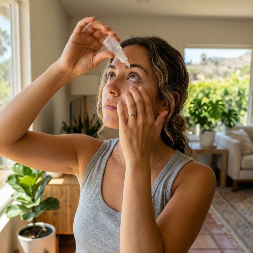 A high-quality lifestyle photograph of a young woman in a grey tank top carefully applying lubricating eye drops in a bright, sunlit living room filled with houseplants.