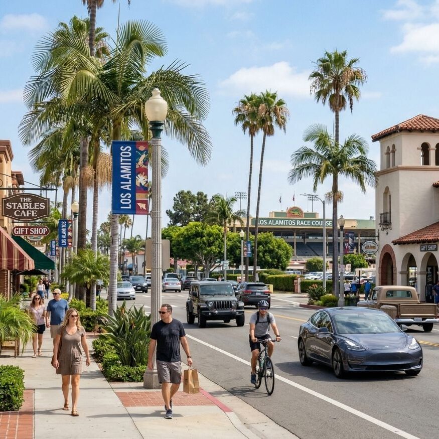 Sunny 4K stock photo of a street in Los Alamitos, California, featuring palm trees, mission-style architecture, and local storefronts under a blue sky.